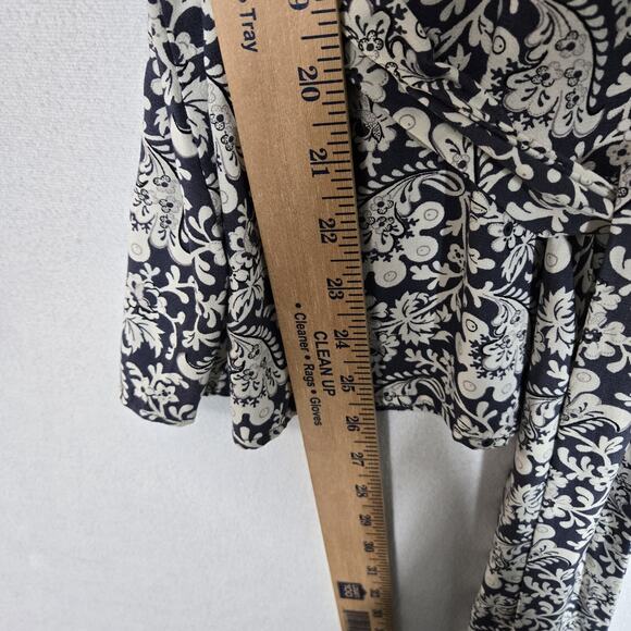 Loft Belted Top Sz S Blue White Floral Print Back Keyhole Long Sleeve Button - Picture 11 of 13